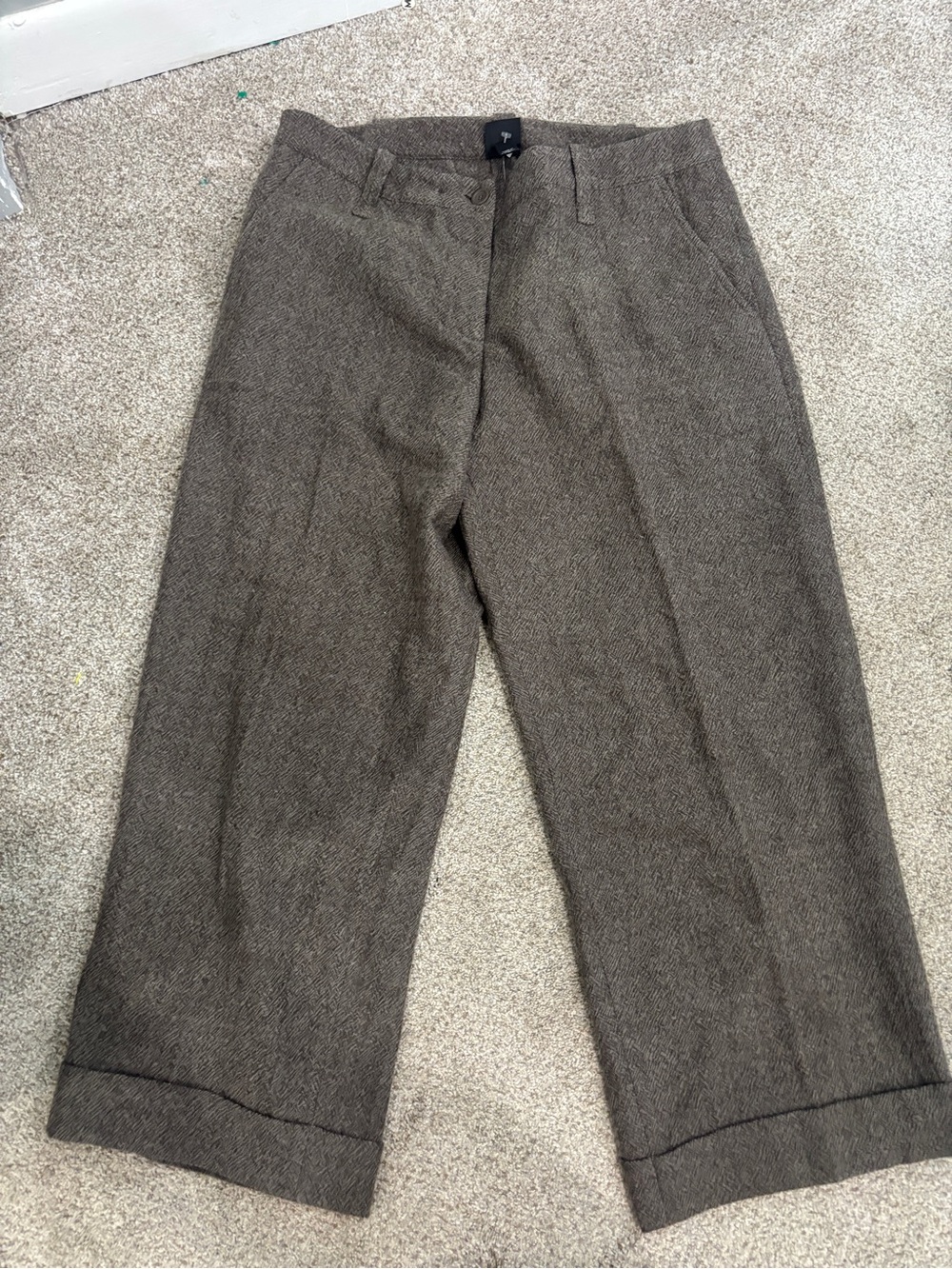 Eileen Fisher 100% Italian Wool Pants Brown Herring Bone M Cropped Wide leg
